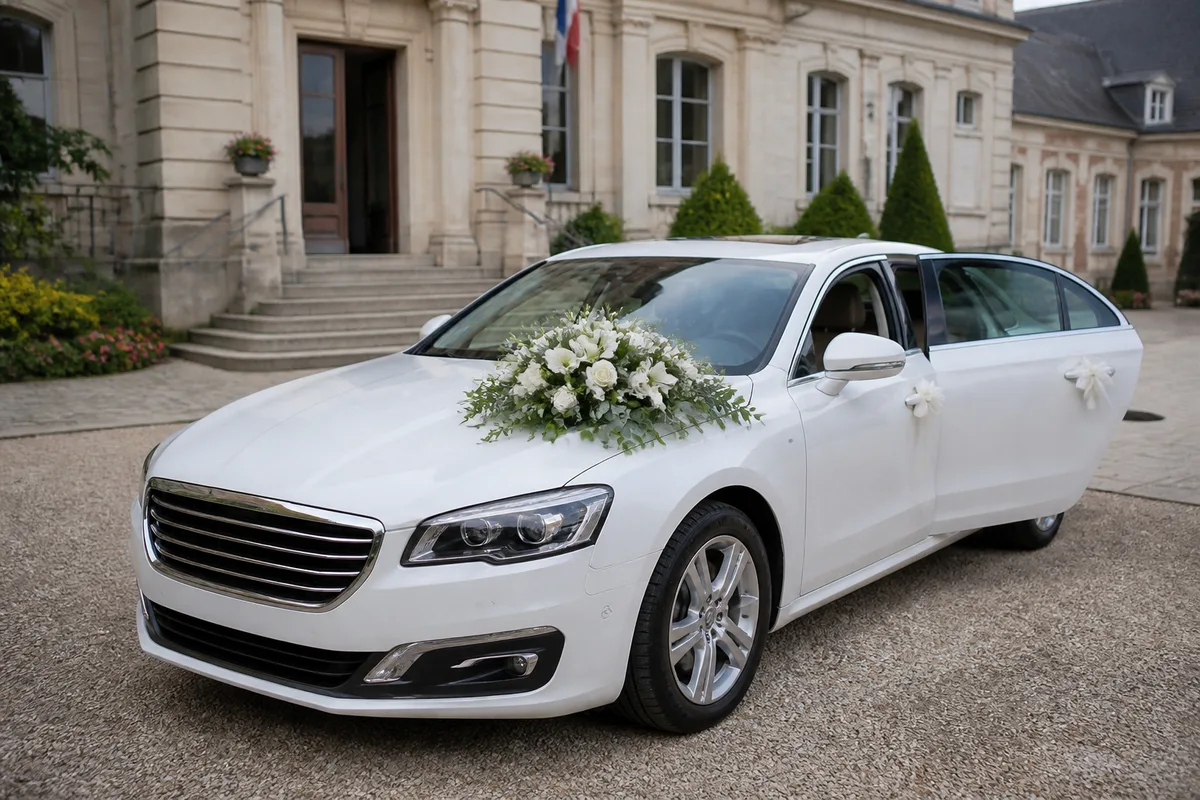 Voiture d’apparat blanche stationnée devant une mairie française avant la cérémonie