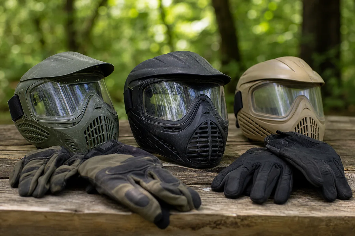 Masques de paintball et gants de protection posés sur une table en bois brut dans un sous-bois