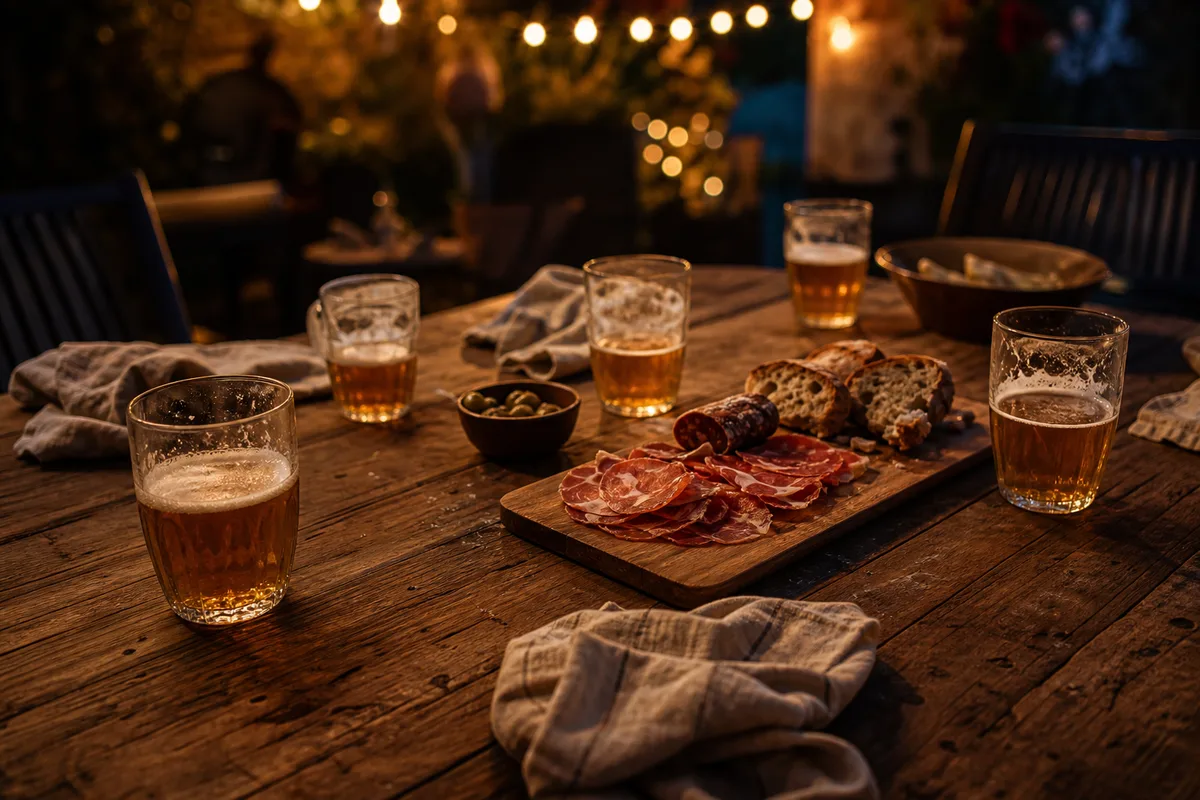 Table en bois d’une terrasse en soirée avec des verres de bière et une planche de charcuterie, guirlande lumineuse floue en arrière-plan