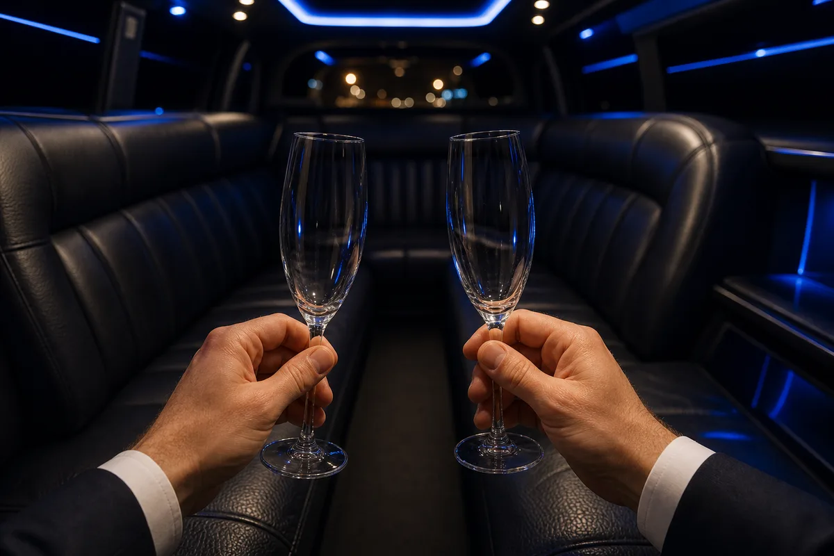 Intérieur d’une limousine de nuit, banquette en cuir sombre et éclairage d’ambiance le long des parois