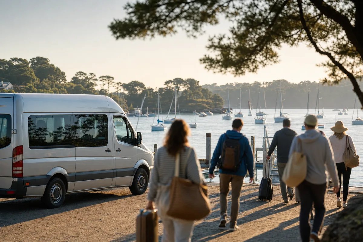 Minibus de transfert stationné sur un quai du golfe du Morbihan un matin d&rsquo;été
