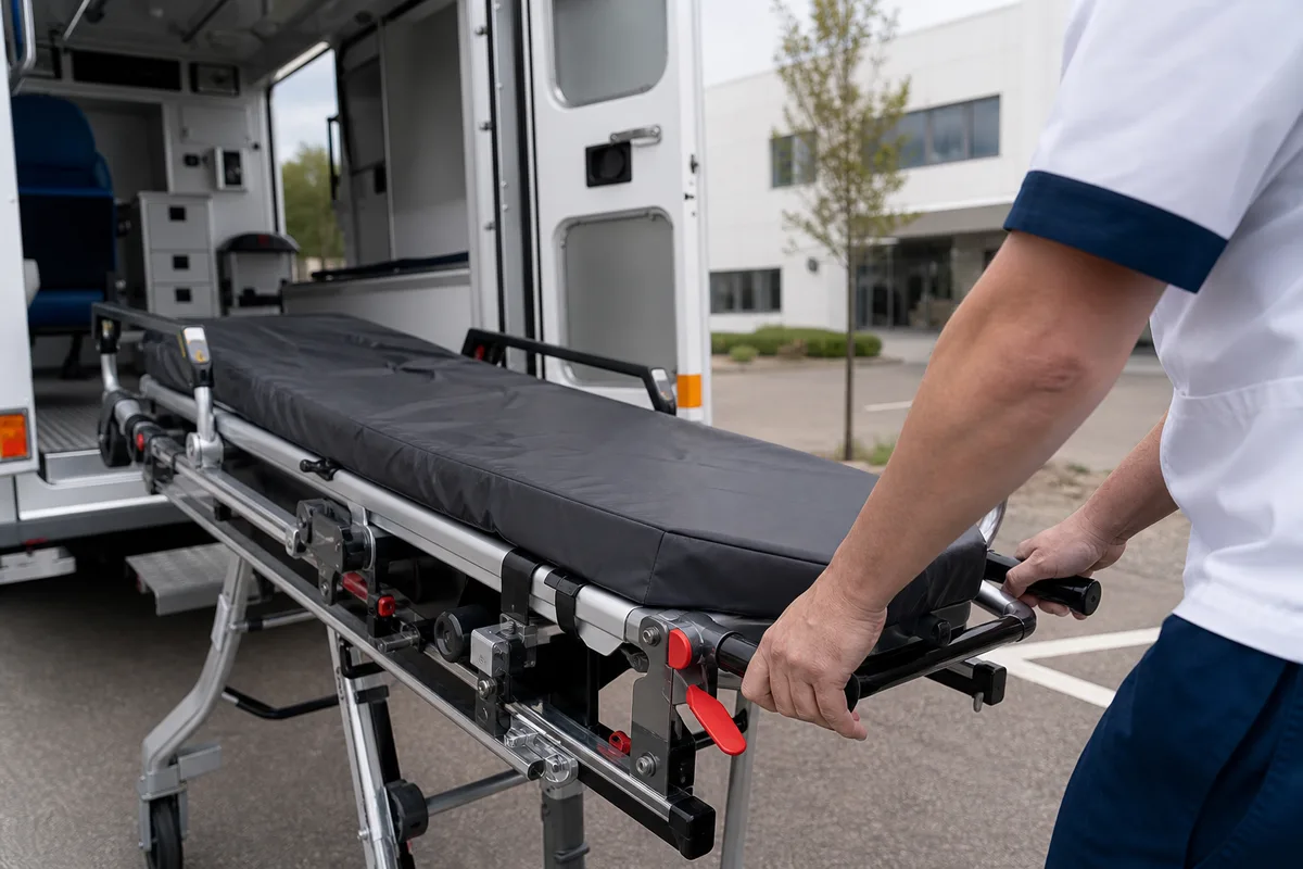 Ambulancier manœuvrant un brancard à l&rsquo;arrière d&rsquo;une ambulance aux portes ouvertes