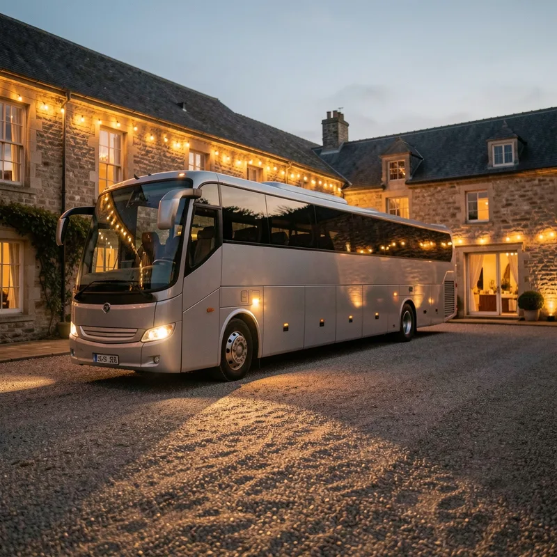 Minibus de tourisme stationné dans la cour gravillonnée d&rsquo;un domaine de réception au coucher du soleil