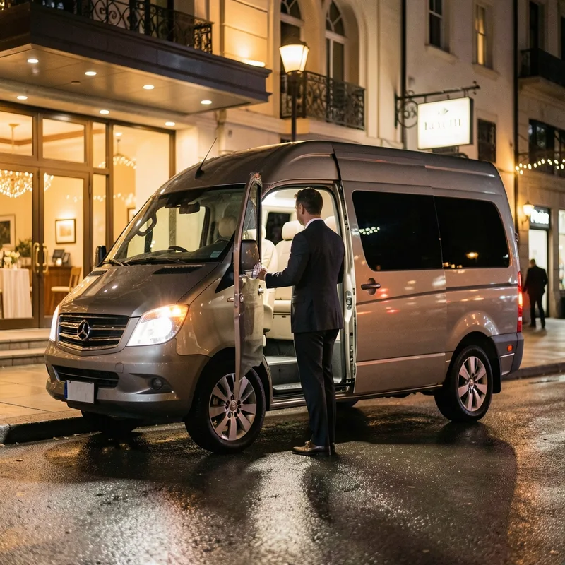 Chauffeur en costume ouvrant la portière latérale d&rsquo;un van de transport de passagers de nuit