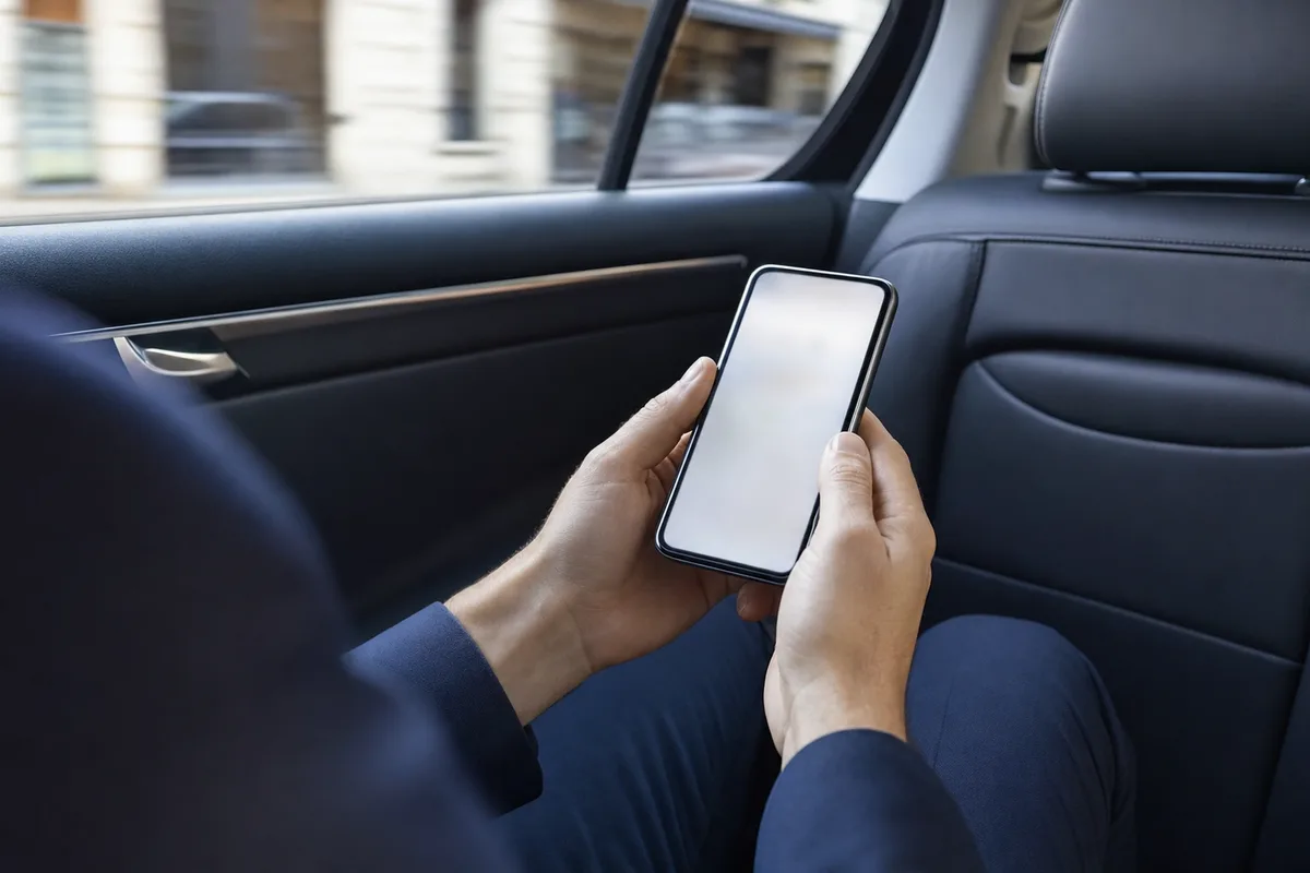 Passager consultant une confirmation de réservation sur son téléphone à l&rsquo;arrière d&rsquo;une berline
