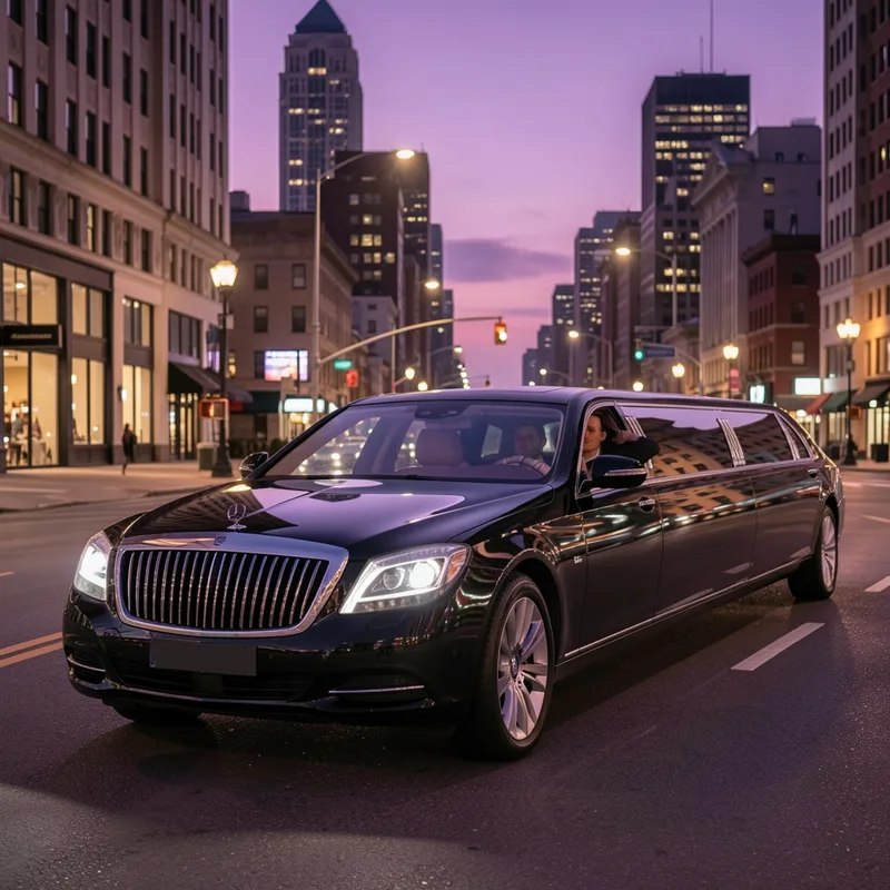 Limousine noire de prestige stationnée devant un hôtel, chauffeur en costume ouvrant la portière